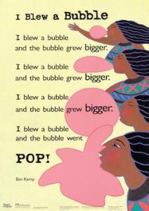 Poem with woman blowing bubbles around.