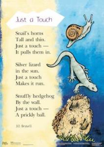 Snail gecko and hedgehog with poem.